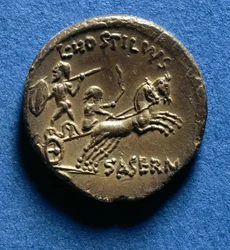 Roman Denarius decorated with a Charioteer and a Noble Warrior riding a Celtic War Chariot, c.48 BC